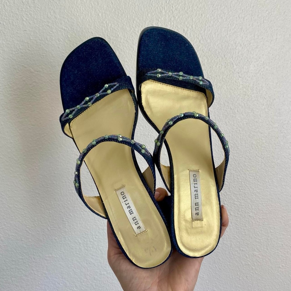 Vintage Ann Marino Beaded Strappy Blue Denim Square Toe Slip On Block Heel